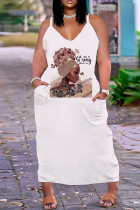 Vestido de cabestrillo con cuello en V sin espalda con estampado informal de talla grande de café blanco