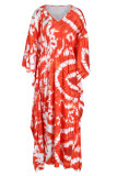 Vestido longo vermelho tangerina moda casual estampa patchwork decote em v