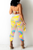 Yellow Sexy Print Hollowed Out Patchwork Backless Halter Skinny Jumpsuits