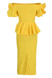 Robe de soirée jaune à la mode en patchwork sexy dos nu sur l'épaule