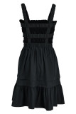 Zwarte sexy effen patchwork vouw stringy zelfkant spaghettibandjes A-lijn jurken