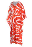 Tangerine Red Fashion Casual Print Patchwork V-Ausschnitt langes Kleid