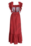 Красное модное повседневное платье с принтом в стиле пэчворк и квадратным воротником с коротким рукавом