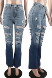 Blue Street Geleidelijke Verandering Print Ripped Patchwork Hoge Taille Denim Jeans