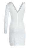 Белое модное сексуальное лоскутное горячее сверление, выдолбленное асимметричное платье с V-образным вырезом и длинным рукавом