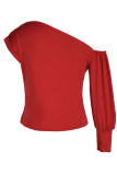 Tops de cuello oblicuo asimétrico de patchwork sólido casual de moda roja