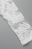 Macacão branco moda casual patchwork transparente com decote em V