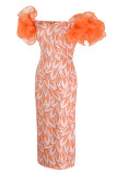 Vestido de noche con hombros descubiertos y abertura en el remiendo con estampado sexy de moda naranja
