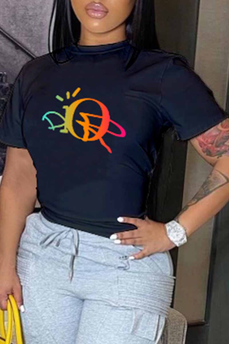 

Black Fashion Casual Print Letter O Neck T-Shirts