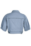 Giacca di jeans regolare a mezza manica con colletto rovesciato blu moda casual con stampa lettera patchwork perline