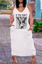 Weiß Grau Sexy Casual Plus Size Print Backless Sling Dress mit V-Ausschnitt