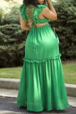 Wassermelonenrotes, sexy, lässiges, solides, ausgehöhltes Patchwork-V-Ausschnitt-langes Kleid