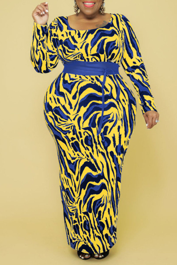 黄色と青のセクシーなプリントパッチワークOネックワンステップスカートプラスサイズのドレス（ベルトを含む）