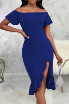 Blauwe sexy effen patchwork volant asymmetrische off-shoulder rechte jurken