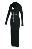 Zwarte mode print hoge opening capuchon kraag kokerrok jurken