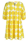 Gelbe, lässige, gepunktete Patchwork-Kleider mit O-Ausschnitt und A-Linie
