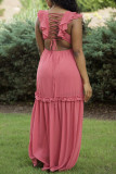 Watermelon Red Sexy Casual Solid Hollowed Out Patchwork V Neck Long Dress