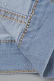 Blå Mode Casual Brevtryck Patchwork Beading Turndown-krage Halvärm Vanlig jeansjacka