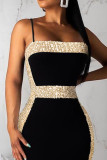 Negro sexy sólido lentejuelas patchwork correa de espagueti un paso falda vestidos