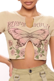 Camisetas con cuello en V y abertura con estampado de mariposa sexy de color caqui