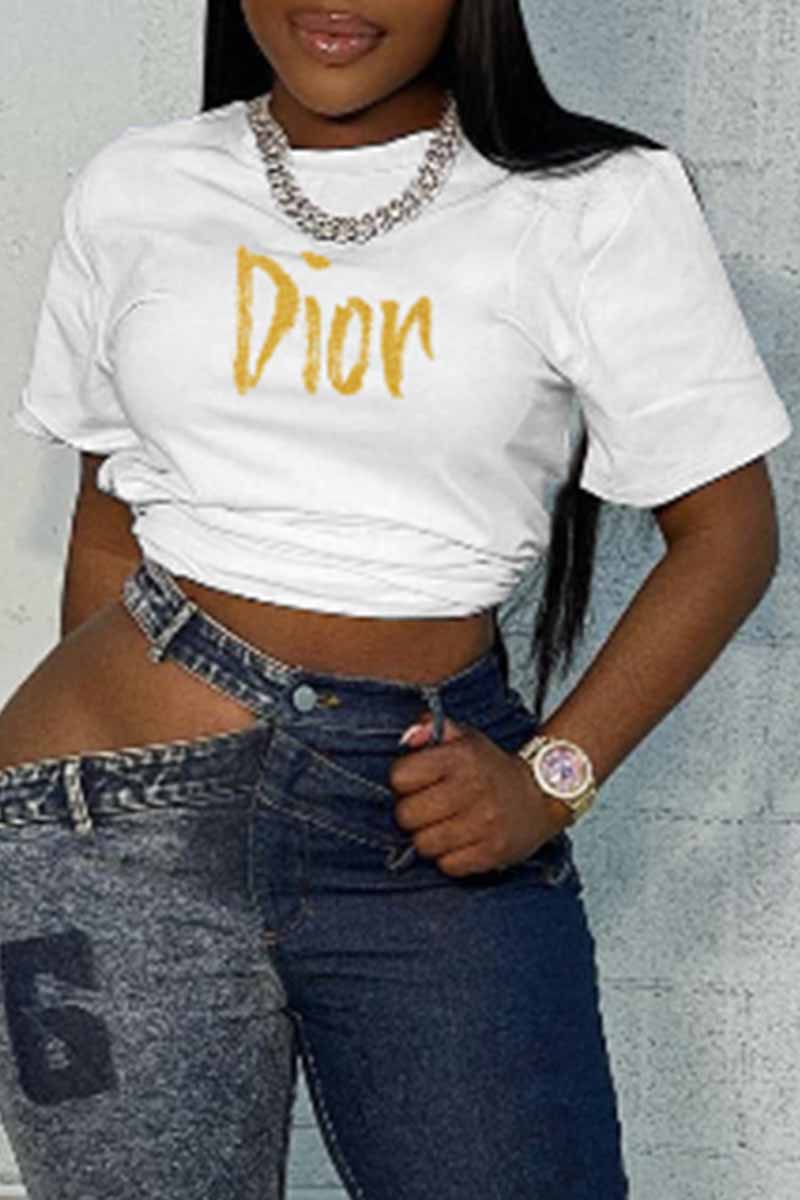 

White Fashion Casual Print Letter O Neck T-Shirts