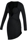 Black Fashion Sexy Solid Hollowed Out Patchwork Asymmetrical V Neck Long Sleeve Dresses