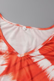 Tangerine Red Fashion Casual Print Patchwork V-Ausschnitt langes Kleid