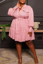 ピンクカジュアルソリッドパッチワークバックルマンダリンカラーAラインプラスサイズのドレス