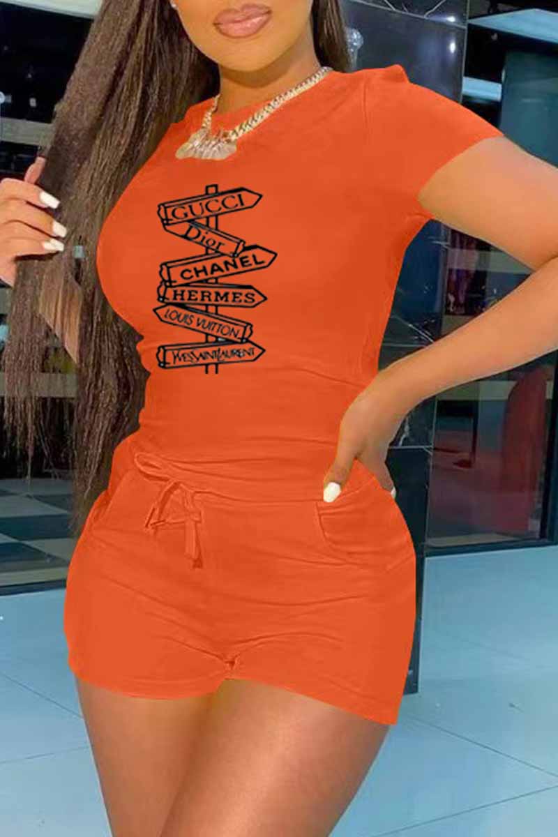 

Orange Fashion Casual Print Letter O Neck Short Sleeve Two Pieces