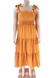 Yellow Casual Sweet Solid Bandage Patchwork Fold Spaghetti Strap Sling Dress Plus Size Dresses