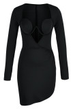 Black Fashion Sexy Solid Hollowed Out Patchwork Asymmetrical V Neck Long Sleeve Dresses
