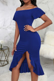 Blauwe sexy effen patchwork volant asymmetrische off-shoulder rechte jurken
