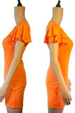 Vestidos de falda de lápiz con cuello en O de patchwork sólido casual rojo mandarina
