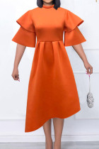 Tangerine Red Elegant Solid Patchwork Volant O Neck Abendkleid Kleider