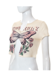 Kaki sexy T-shirts met vlinderprint en split V-hals
