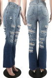 Jeans in denim a vita alta con patchwork strappati con stampa a cambio graduale blu