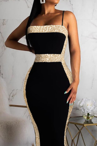 Gold Sexy Solid Sequins Patchwork Spaghetti Strap One Step Skirt Dresses