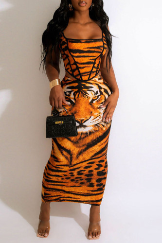 Yellow Sexy Print Patchwork Square Collar Sleeveless Two Pieces