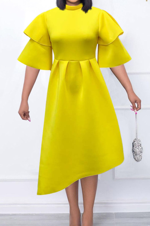黄色のエレガントなソリッドパッチワークフラウンスOネックイブニングドレスドレス