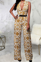 Yellow Casual Print Patchwork Buckle Mandarin Collar Straight Jumpsuits