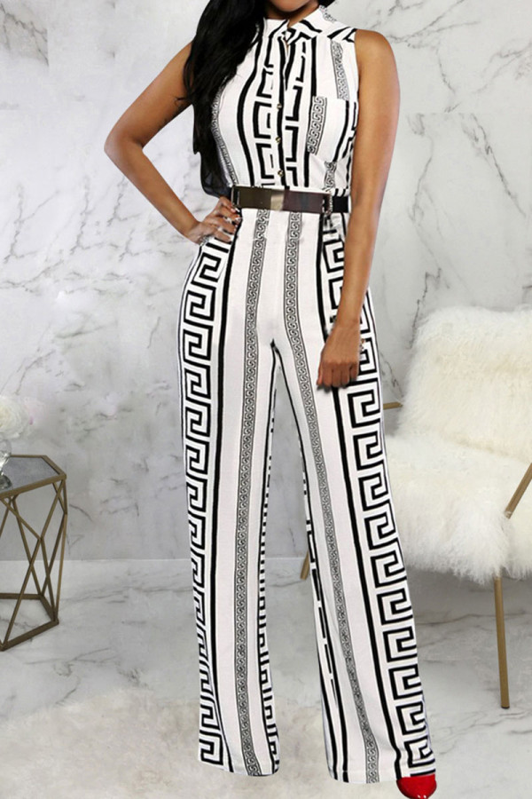 White Casual Print Patchwork Buckle Mandarin Collar Straight Jumpsuits