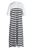 White Casual Street Striped Print Patchwork Mandarin Collar Straight Dresses