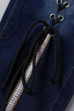 Vaqueros pitillo de cintura alta de frenillo de patchwork sólido casual de moda azul claro