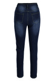 Jeans skinny in denim a vita alta con frenulo patchwork solido blu chiaro alla moda