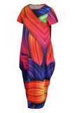 Vestido multicolorido moda casual estampa patchwork O pescoço manga curta vestidos plus size