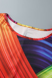 Vestido multicolorido moda casual estampa patchwork O pescoço manga curta vestidos plus size