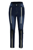 Lichtblauwe mode casual effen patchwork Frenulum hoge taille skinny denim jeans