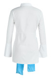 Weißes, modisches, lässiges, solides Patchwork-Hemdkleid mit Umlegekragen