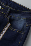 Light Blue Fashion Casual Solid Patchwork Frenulum High Waist Skinny Denim Jeans