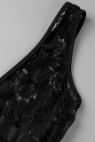Черный модный сексуальный сплошной выдолбленный комбинезон с открытой спиной и V-образным вырезом